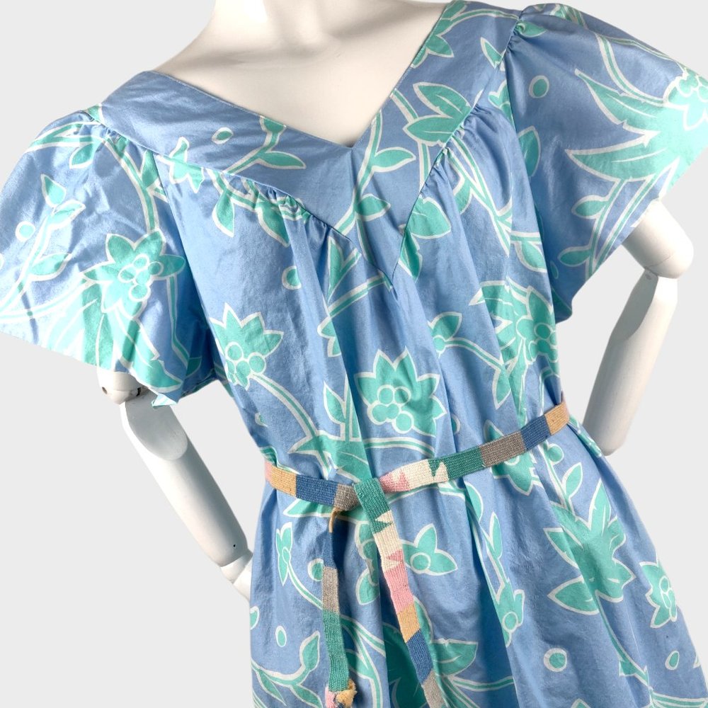 Vintage 1980s Tropical Hawaiian Dress Muumuu Mumu Pastel Blue Mint Tropical XL